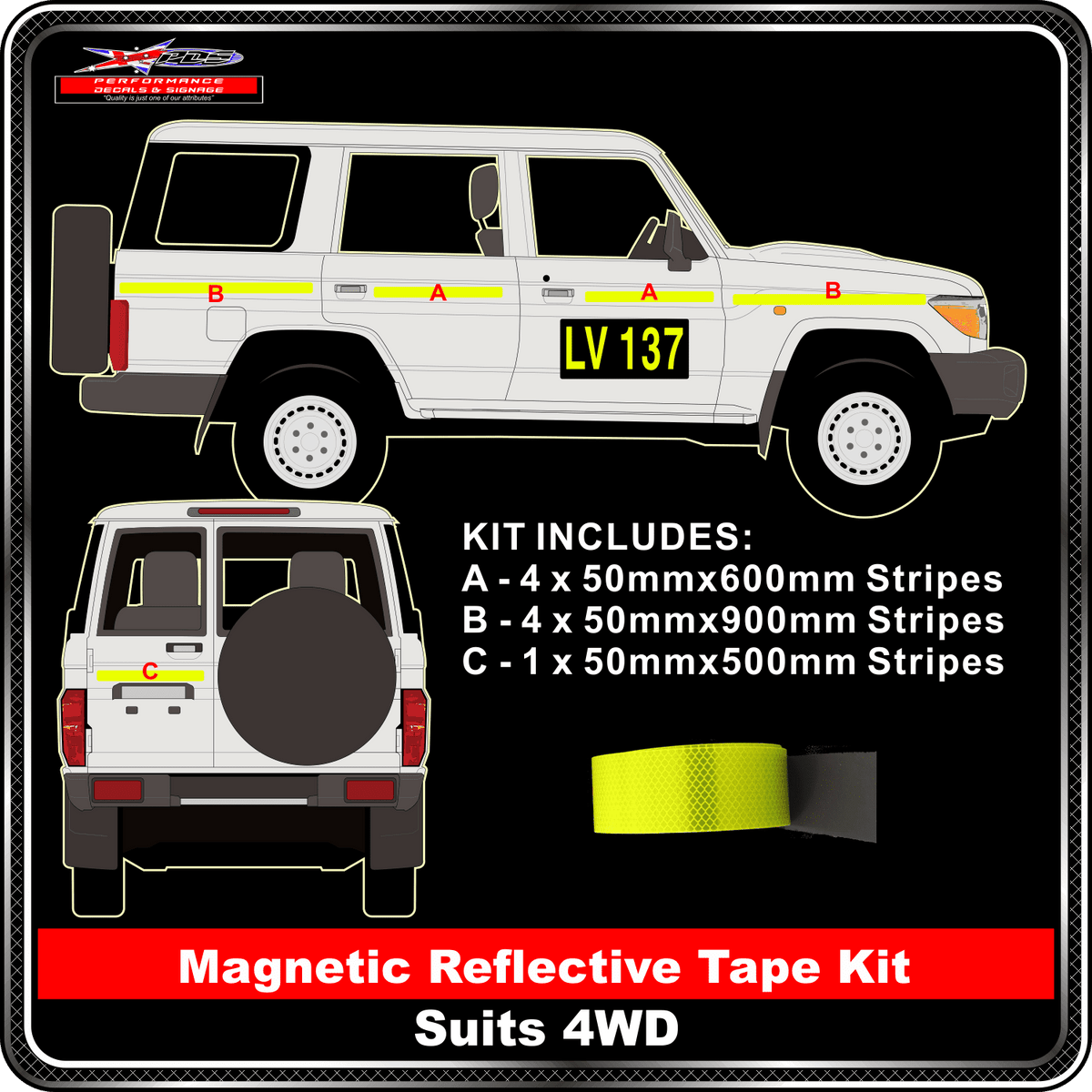 Kit To Suit 4WD 3M Fluoro Yellow Green Diamond Grade Class 1 Magnetic Reflective 50mm