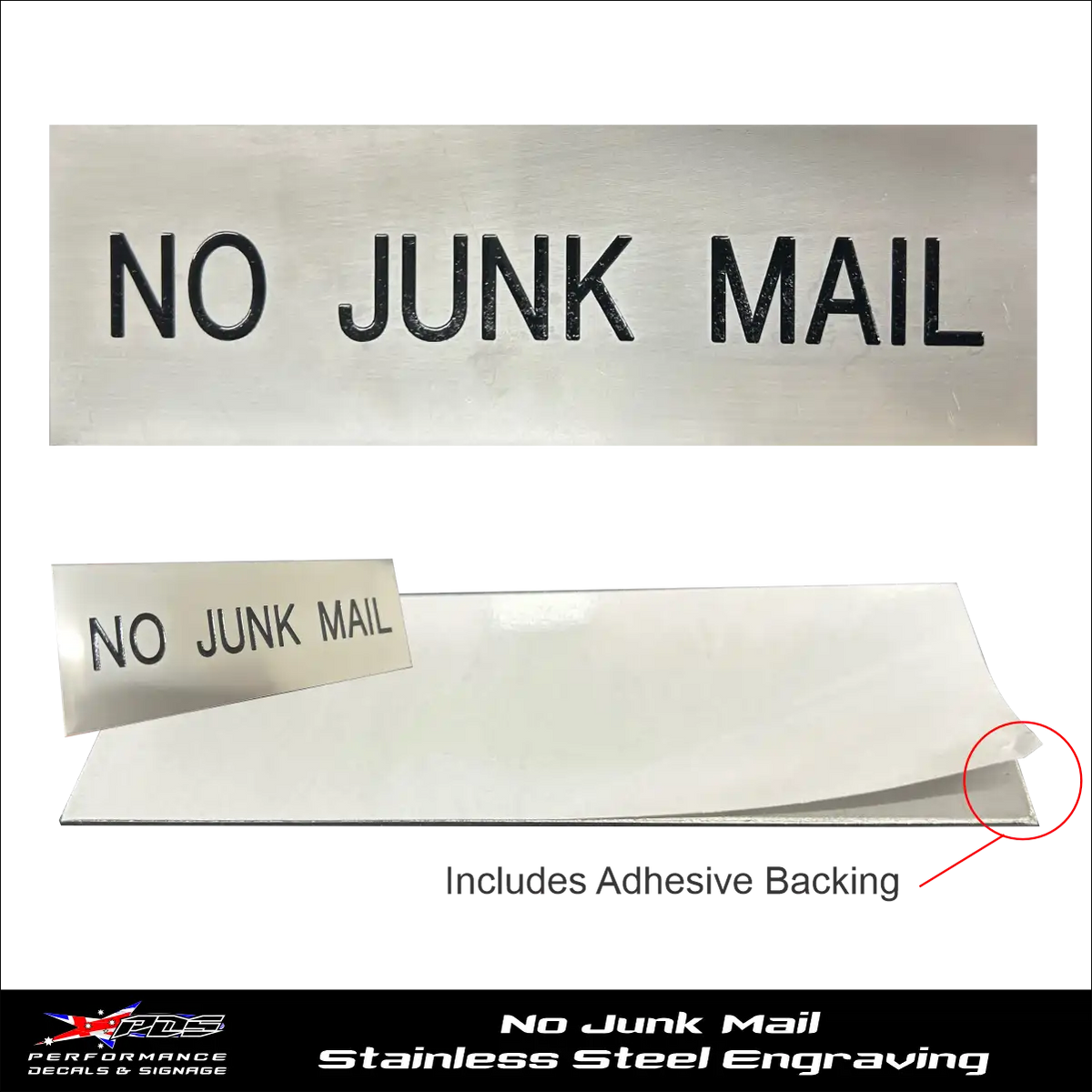 No Junk Mail Sign with Adhesive Backing - Engraved Stainless Steel