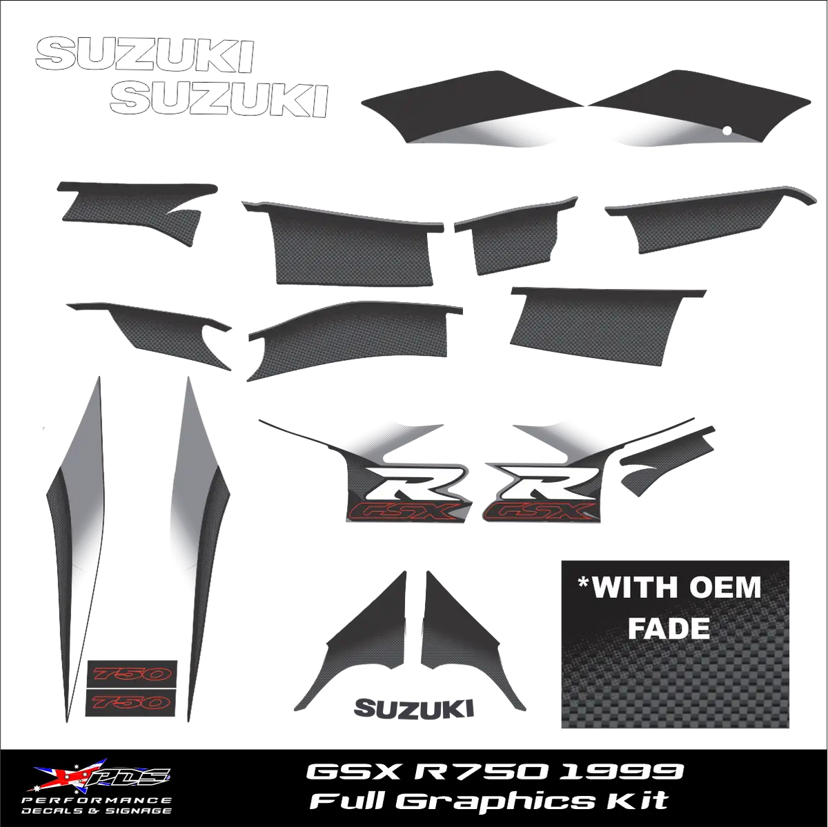 Suzuki GSX R750 1999 OEM Black & Silver With Fade - Full Decal Kit