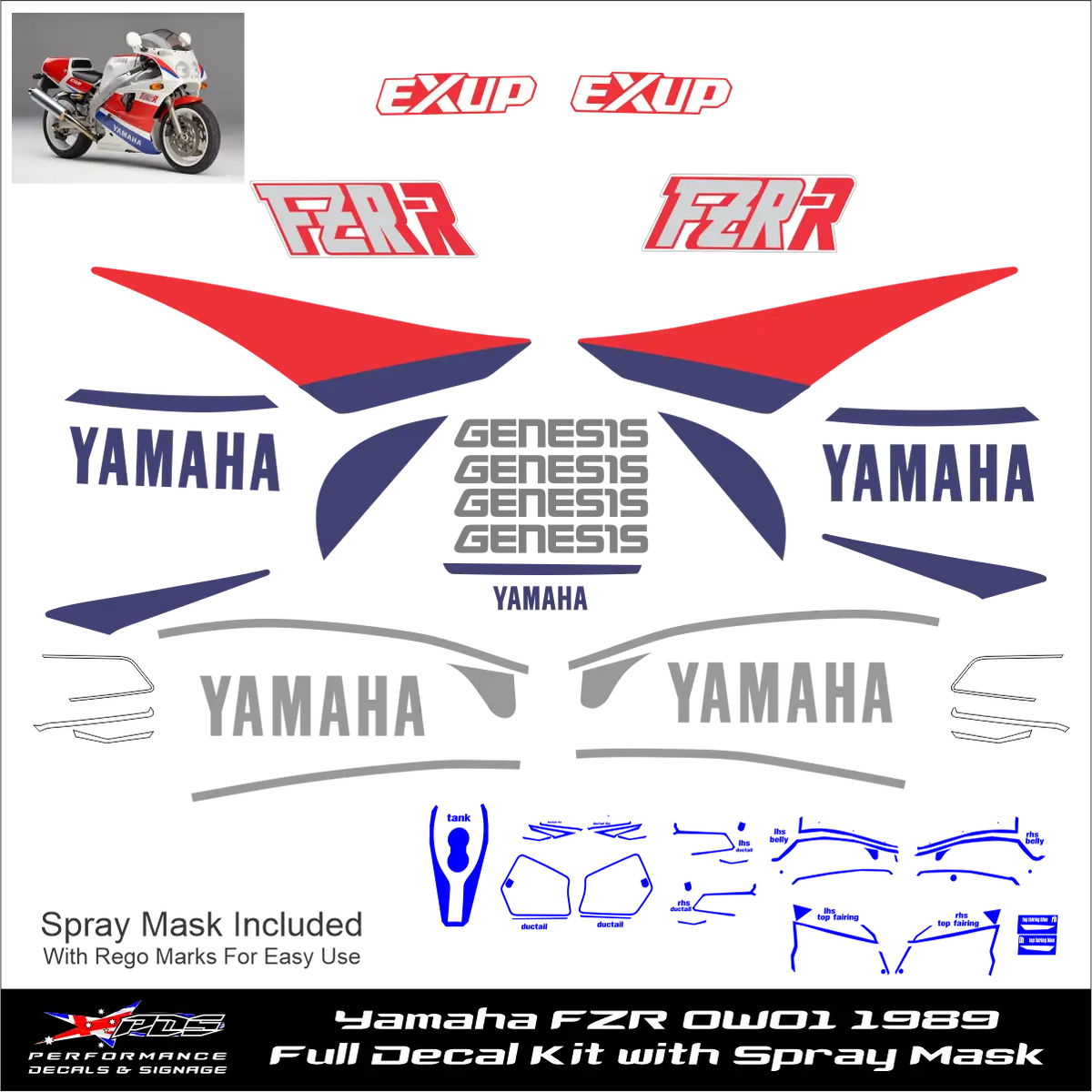 Yamaha FZR OW01 1989 Full Decal Kit with Spray Mask