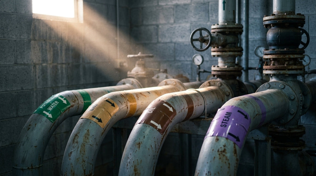 Colour-coded industrial pipe identification markers