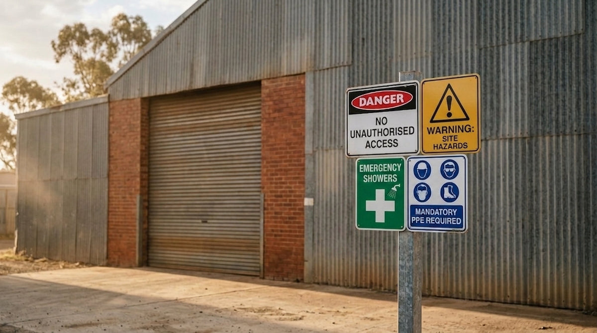 Australian workplace safety signs mounted at an industrial site
