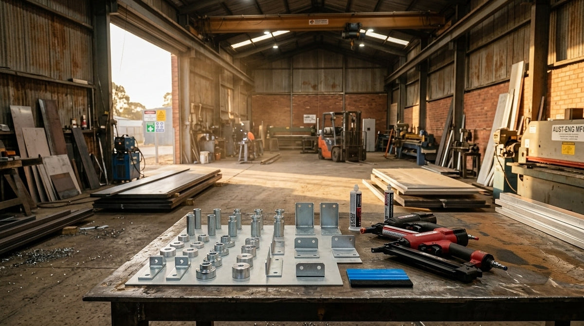 Sign fixing hardware and accessories on a workbench