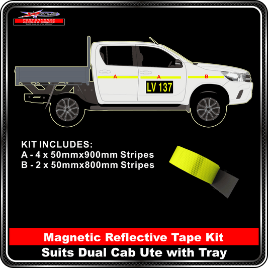 Kit To Suit Dual Cab Ute - Tray Back 3M Fluoro Yellow Green Diamond Grade Class 1 Magnetic Reflective 50mm