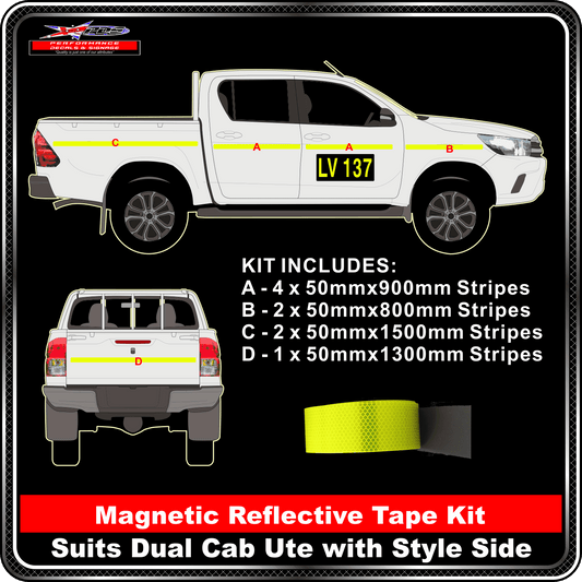 Kit To Suit Dual Cab Ute - Style Side 3M Fluoro Yellow Green Diamond Grade Class 1 Magnetic Reflective 50mm