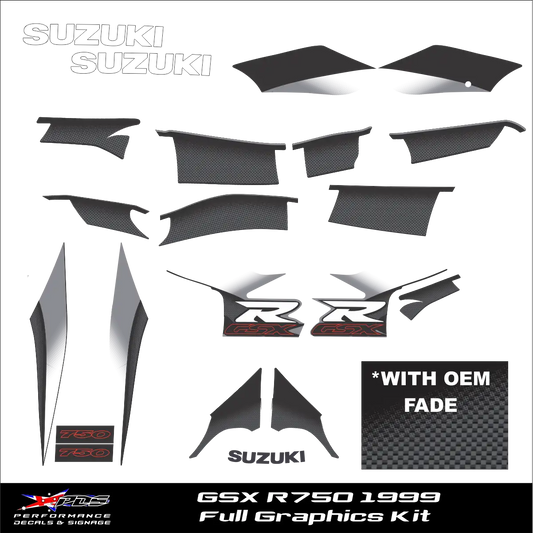 Suzuki GSX R750 1999 OEM Black & Silver With Fade - Full Decal Kit