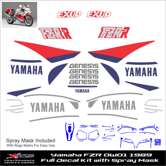 Yamaha FZR OW01 1989 Full Decal Kit with Spray Mask