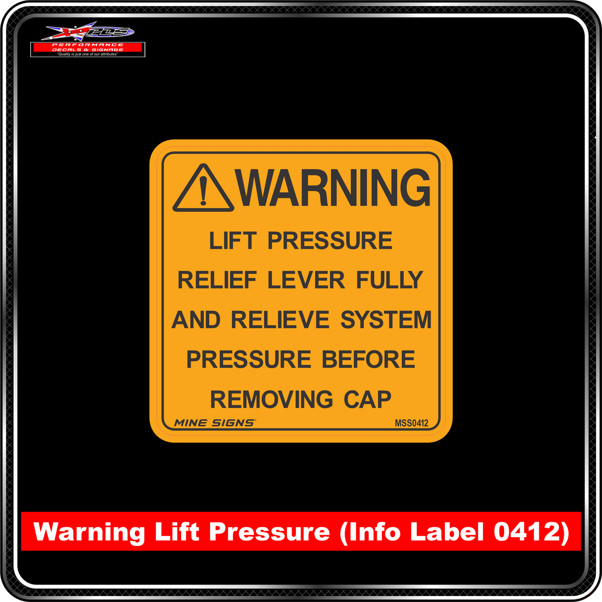 WARNING lift pressure relief lever fully and relieve system pressure before removing cap (Info Label 0412) 120 x 120 mm
