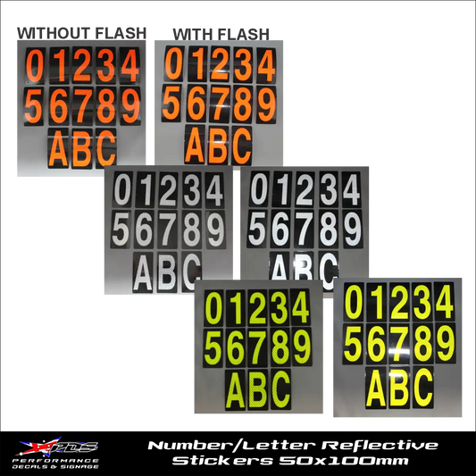 Reflective number and letter stickers, 50 x 100mm