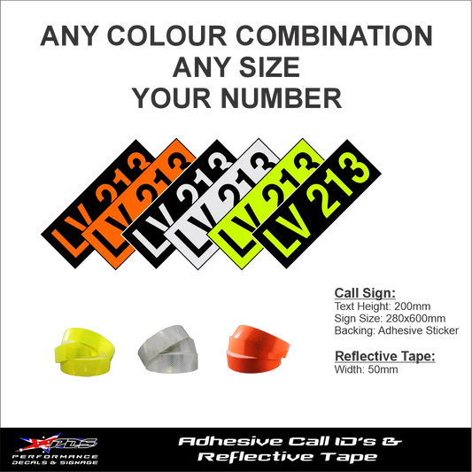 Hi-vis light vehicle call number and ID set, adhesive IDs with reflective tape, 280mm x 600mm