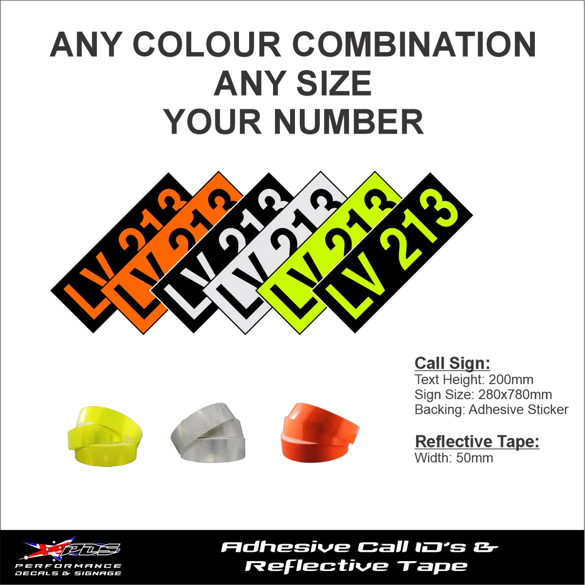 Hi-vis light vehicle call number and ID set, adhesive IDs with reflective tape, 280mm x 780mm