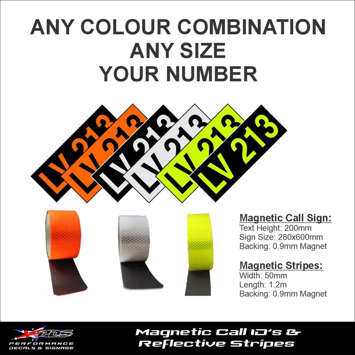 Hi-vis light vehicle call number and ID set, magnetic IDs with reflective stripes