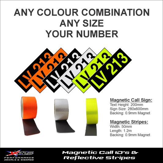 Hi-vis light vehicle call number and ID set, magnetic IDs with reflective stripes