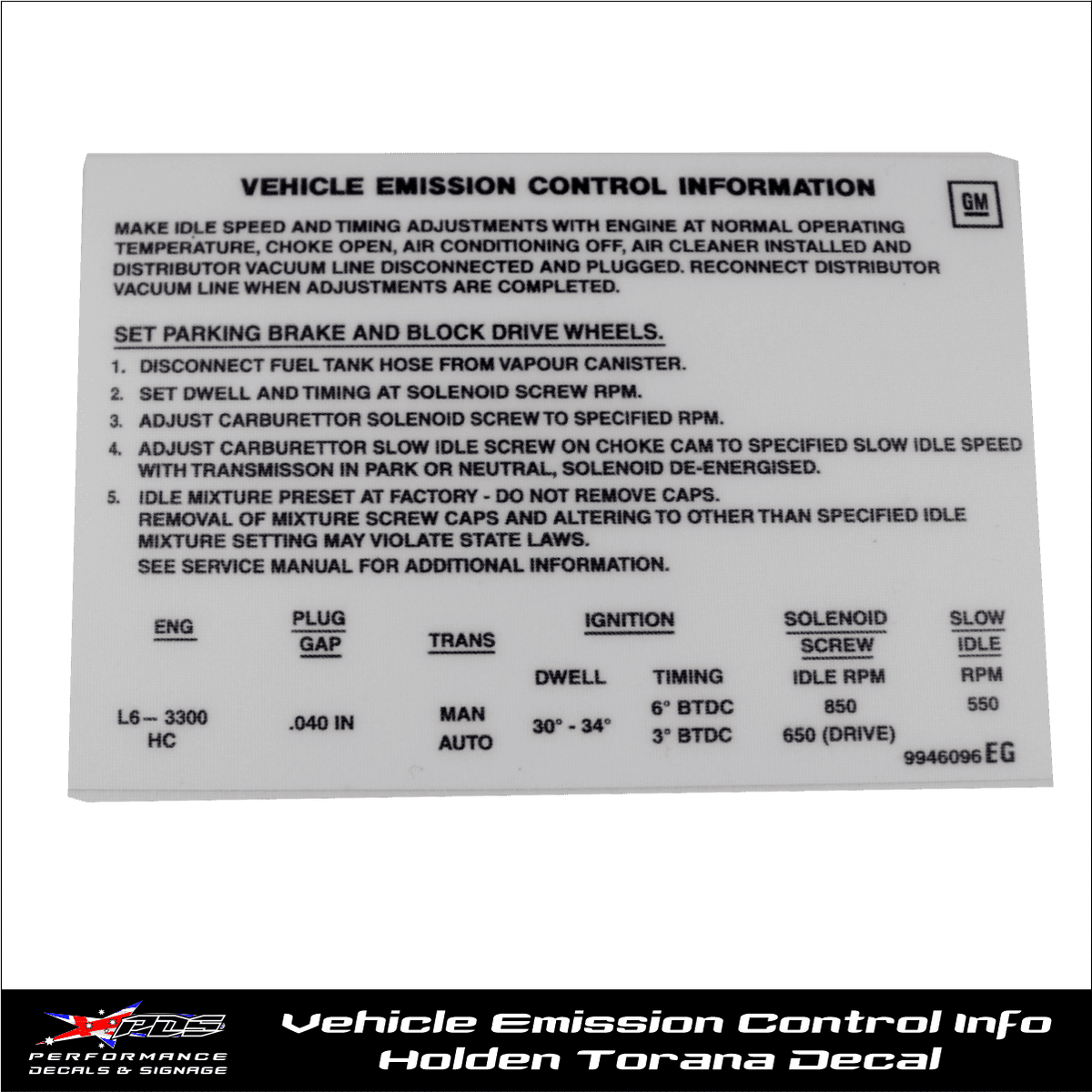 Holden Torana LH - Vehicle Emission Control Information Sticker