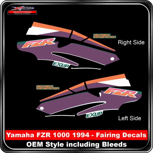 1994 Yamaha FZR 1000 Left & Right Side Fairing Decals OEM Style Yamaha FZR 1994 Fairing Decals - OEM- inc Bleeds